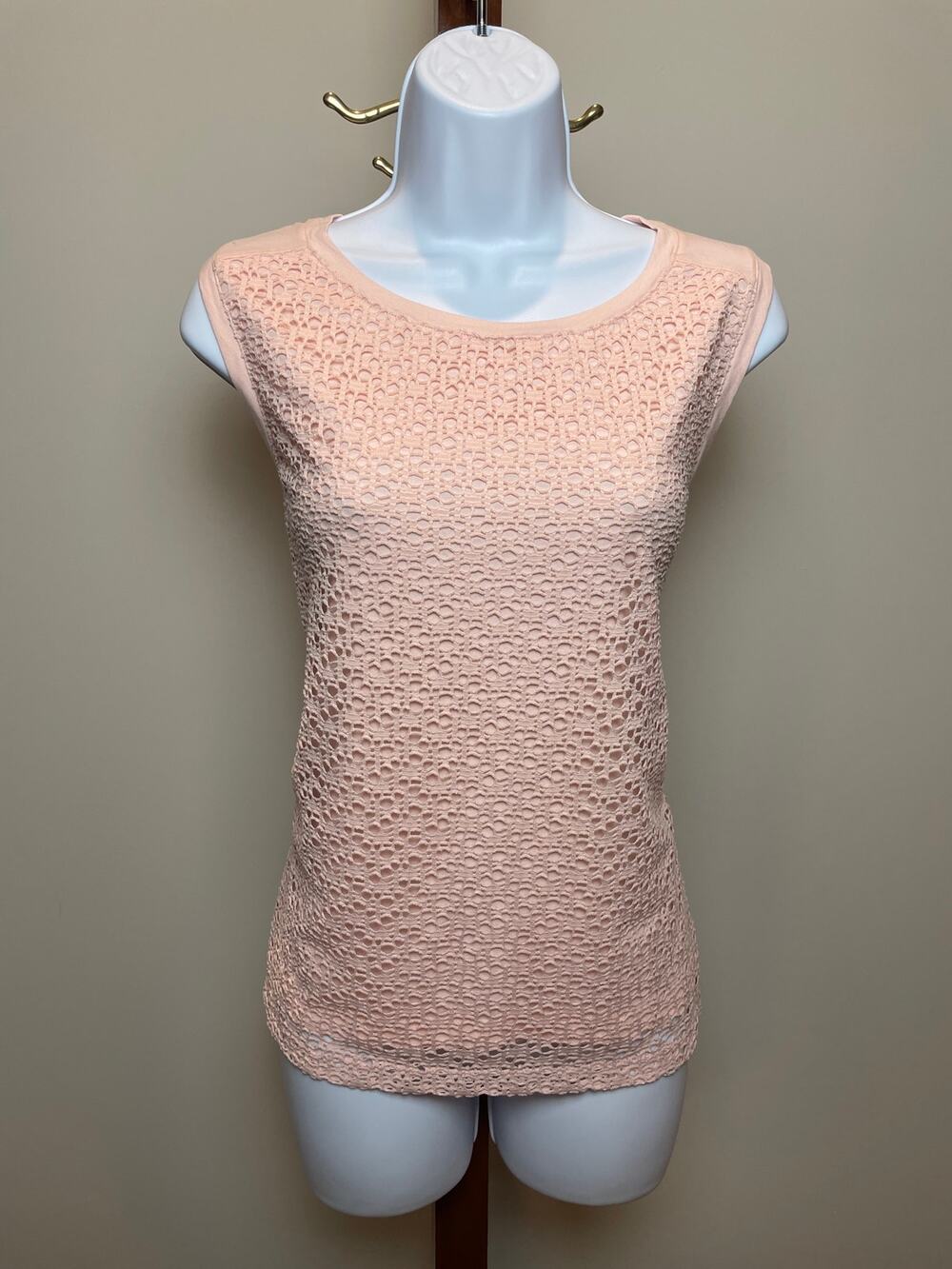 Loft Pink Cotton Sleeveless Top Size L Lace Front Knit Back Detail